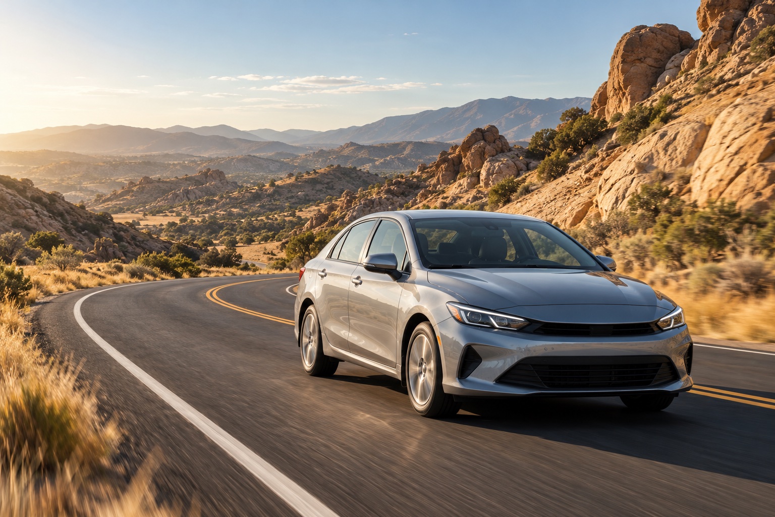 Illustrative image of a silver sedan on a sunlit road through California foothills